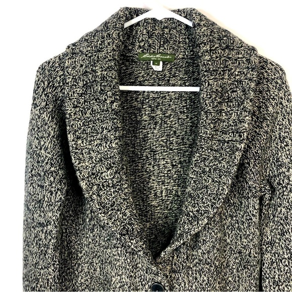 Eddie Bauer cardigan wool blend sweater black cream shawl neck button down M - Picture 3 of 8